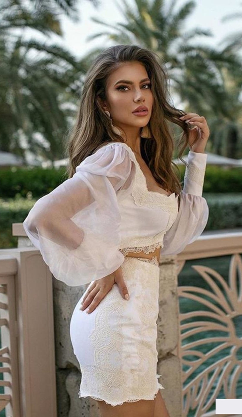 STEFANIA Lace Organza Two Piece Set - White