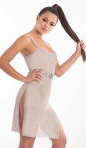 "SILVIA" Belted Double Slit Metal Dress - GLAMBAE FASHION