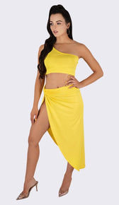 'MIMI' One Shoulder Two Piece Set - Yellow - GLAMBAE FASHION