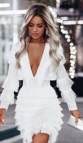 BELINDA Tiered Fringe Zipper Dress - White