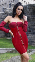 'CHRISTINE’ Off The Shoulder Corset Bandage Dress - Wine - GLAMBAE FASHION