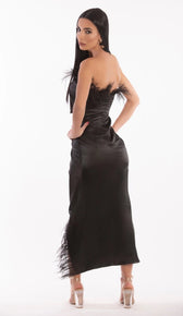 'TABITHA' Satin Feather Trim Maxi Dress - GLAMBAE FASHION