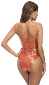 'MYKONOS' Metallic Gold Chain Bodysuit - Burnt Orange - GLAMBAE FASHION