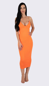 'STELLA'  Double Strapped Midi Dress - Neon Orange - GLAMBAE FASHION