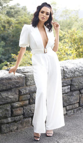 'MARIANNA' Plunge Neck Belted Jumpsuit - GLAMBAE FASHION
