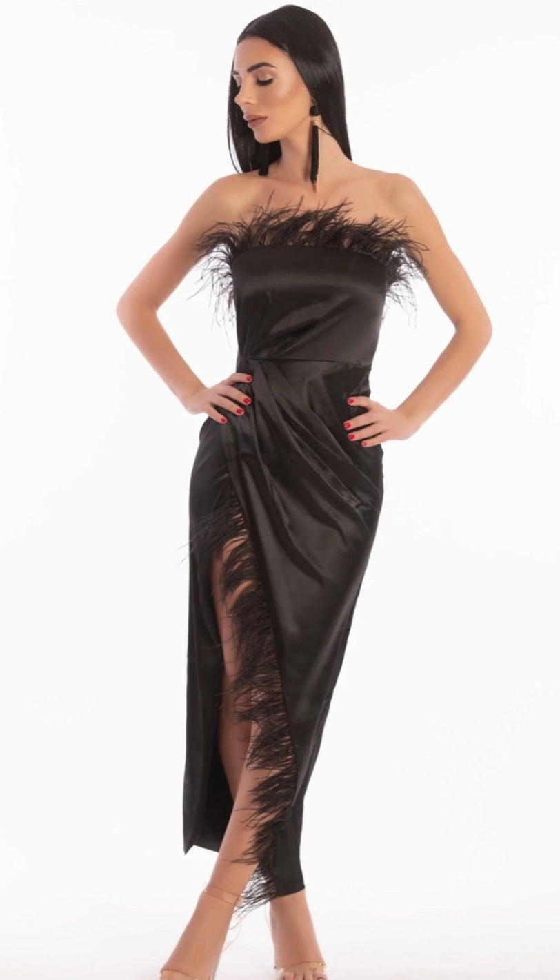 'TABITHA' Satin Feather Trim Maxi Dress - GLAMBAE FASHION