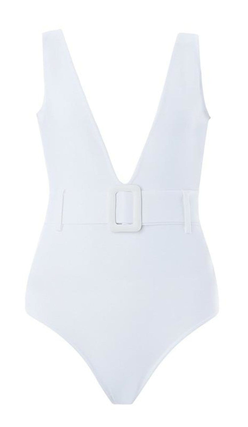 ‘KELSEA’ Plunge Neck Belted Bandage Bodysuit - GLAMBAE FASHION