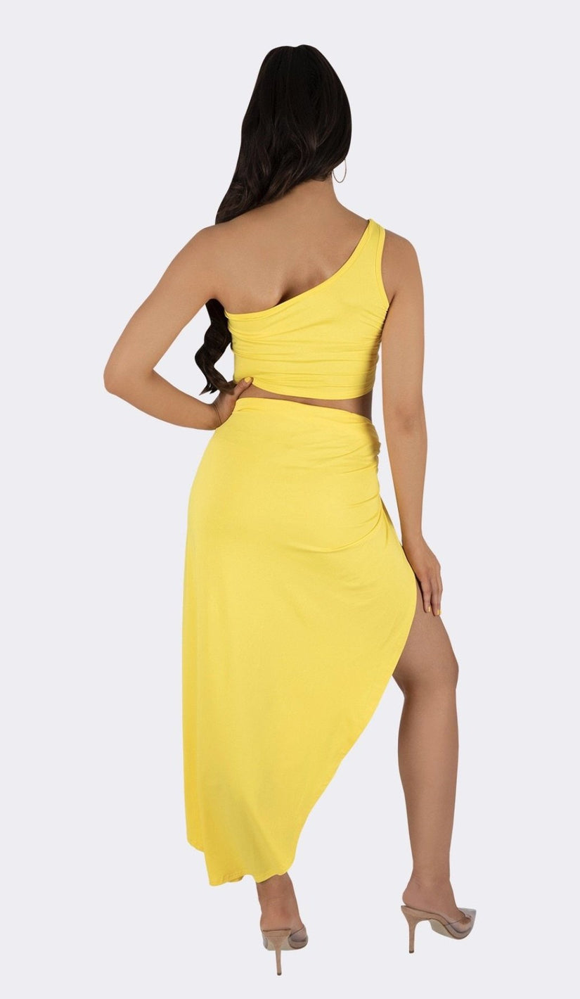 'MIMI' One Shoulder Two Piece Set - Yellow - GLAMBAE FASHION