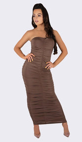 'DAPHNE' Ruched Strapless Maxi Dress - Taupe - GLAMBAE FASHION