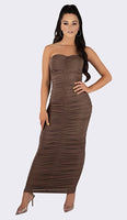 'DAPHNE' Ruched Strapless Maxi Dress - Taupe - GLAMBAE FASHION