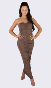 'DAPHNE' Ruched Strapless Maxi Dress - Taupe - GLAMBAE FASHION
