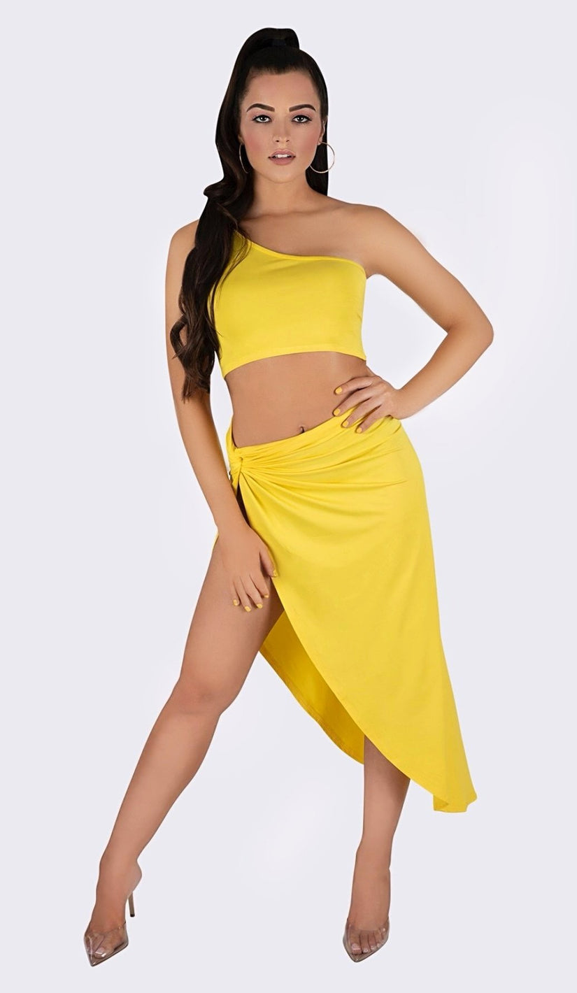 'MIMI' One Shoulder Two Piece Set - Yellow - GLAMBAE FASHION