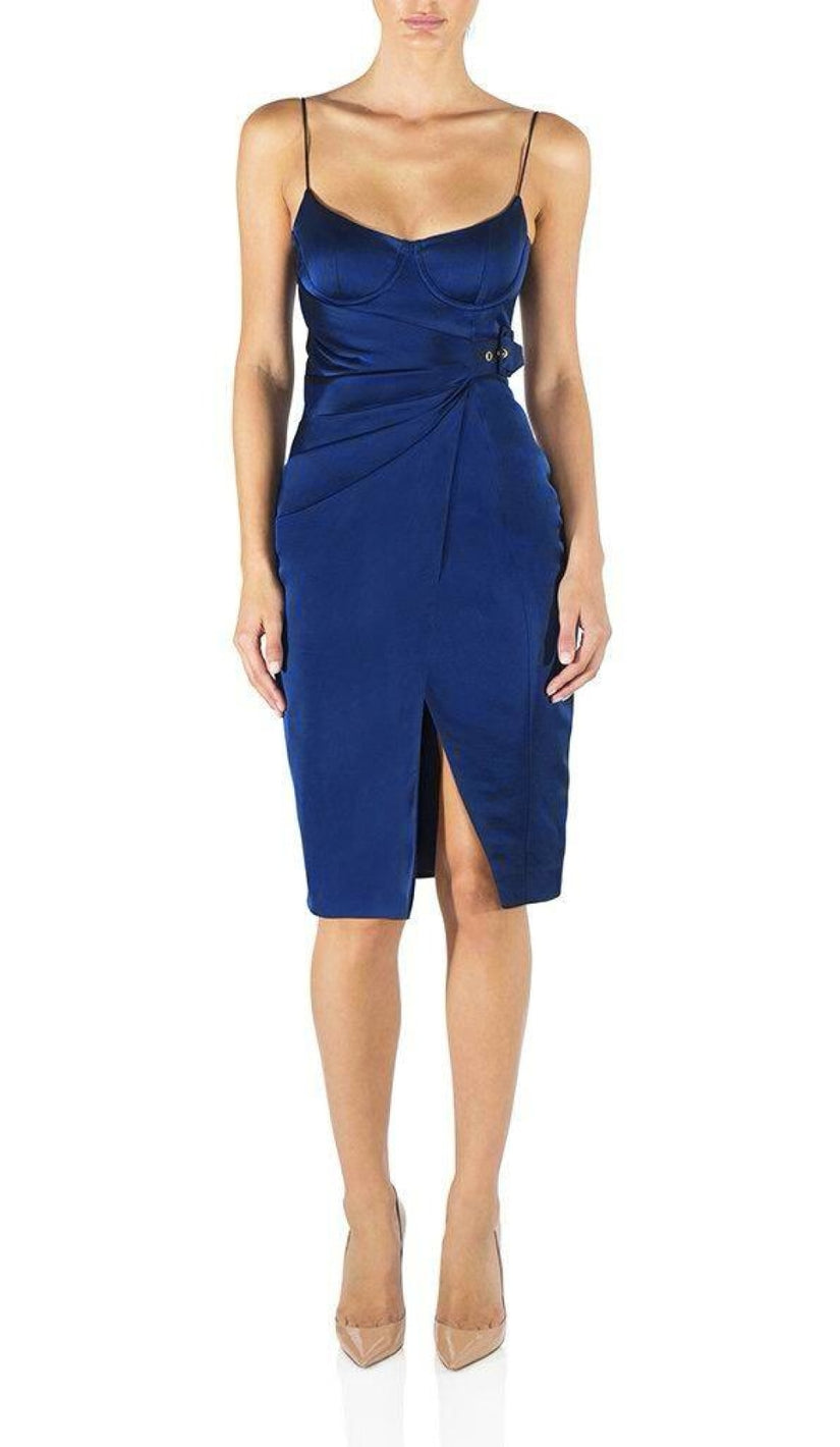 'ALYSSA' Satin Buckle Dress - Navy - GLAMBAE FASHION