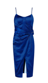 'ALYSSA' Satin Buckle Dress - Navy - GLAMBAE FASHION