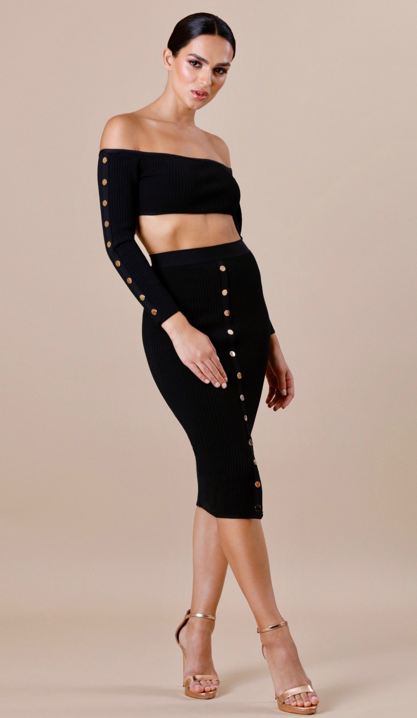 "KIRA" Ribbed Gold Button Skirt - GLAMBAE FASHION