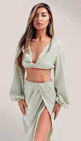 LAIA Satin Slit Skirt - Sage