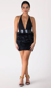 NILU Fur Mini Dress - Black