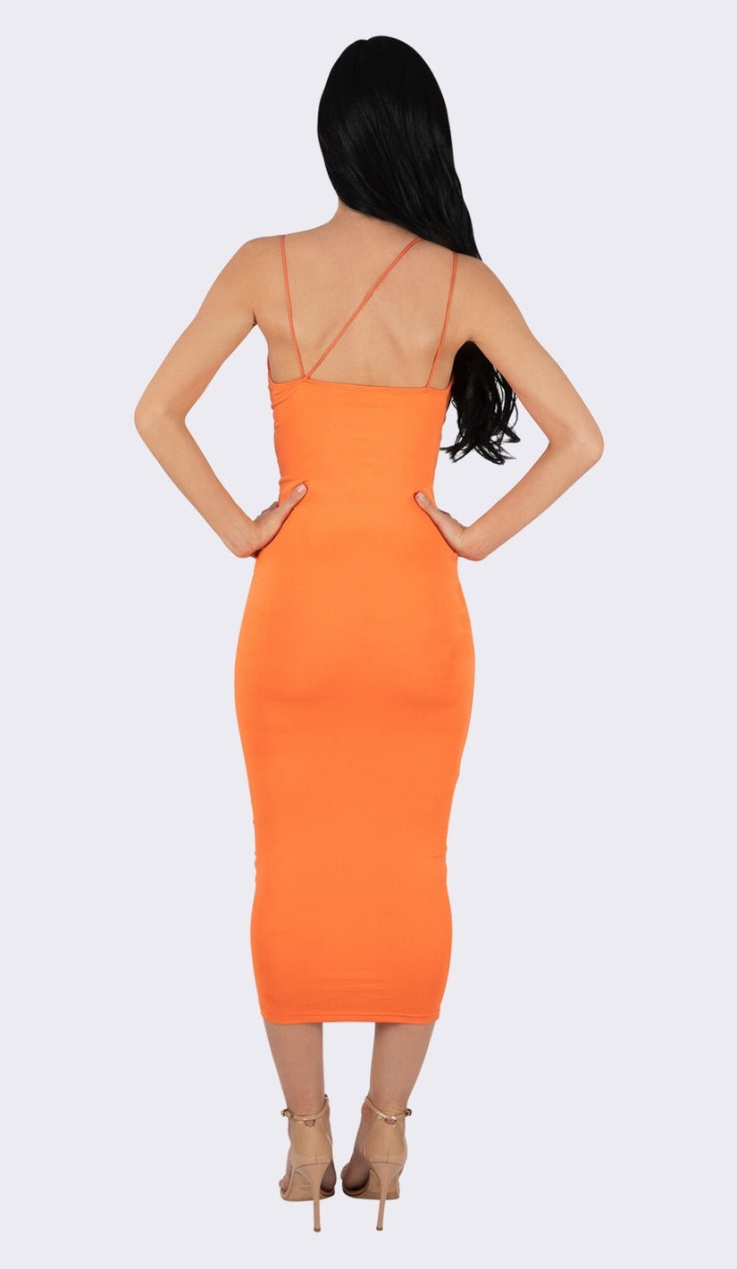 'STELLA'  Double Strapped Midi Dress - Neon Orange - GLAMBAE FASHION