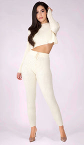 SAVANNA Ribbed Knit Cropped Sweater - Cream