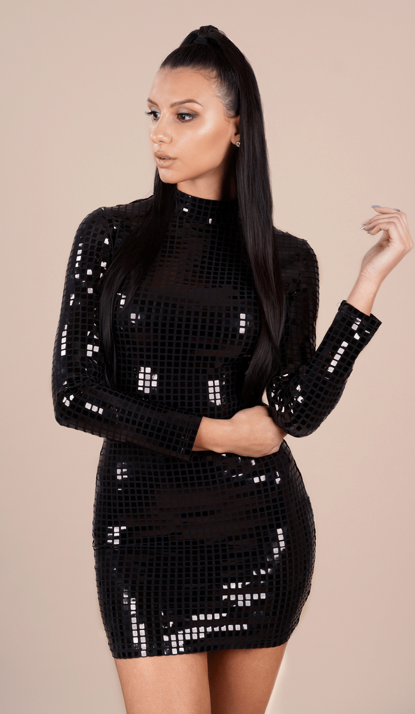 'TINSLEY' Shiny Bodycon Dress - Black - GLAMBAE FASHION