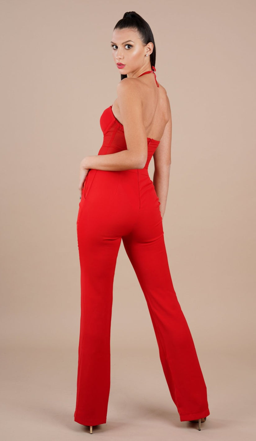 LINA Mesh Corset Jumpsuit + Blazer Set - Red