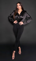 AMBER Deep V-Neck Silk Bodysuit - Black
