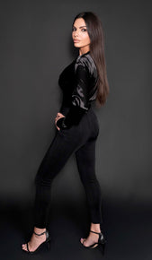 AMBER Deep V-Neck Silk Bodysuit - Black
