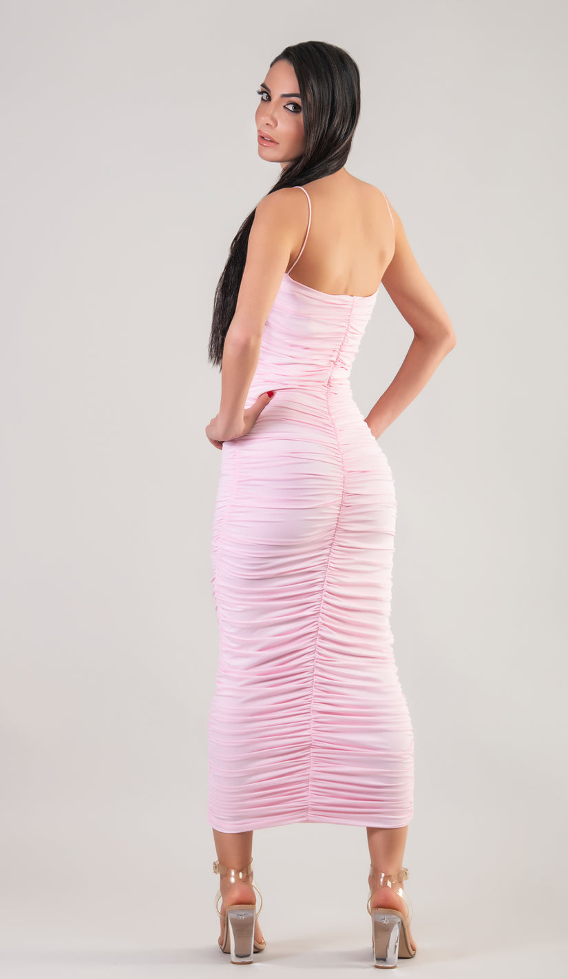 KENDRA Ruched Bodycon Midi Dress - Light Pink