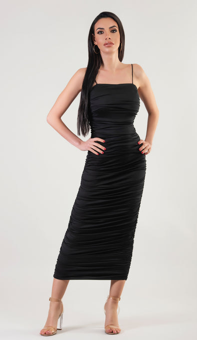 KENDRA Ruched Bodycon Midi Dress - Black