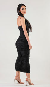 KENDRA Ruched Bodycon Midi Dress - Black