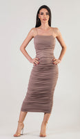KENDRA Ruched Bodycon Midi Dress - Taupe