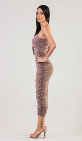 KENDRA Ruched Bodycon Midi Dress - Taupe
