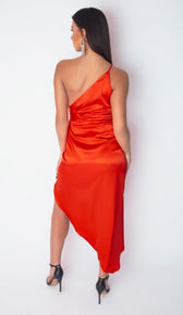 "ARIA" Satin One Shoulder Draped Maxi Dress - GLAMBAE FASHION