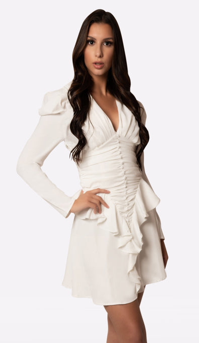 ANALISE Chiffon Ruffle Dress - White