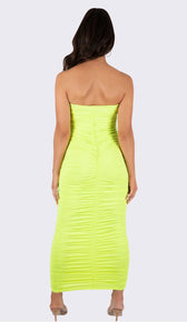 'DAPHNE' Ruched Strapless Maxi Dress - Neon Yellow - GLAMBAE FASHION