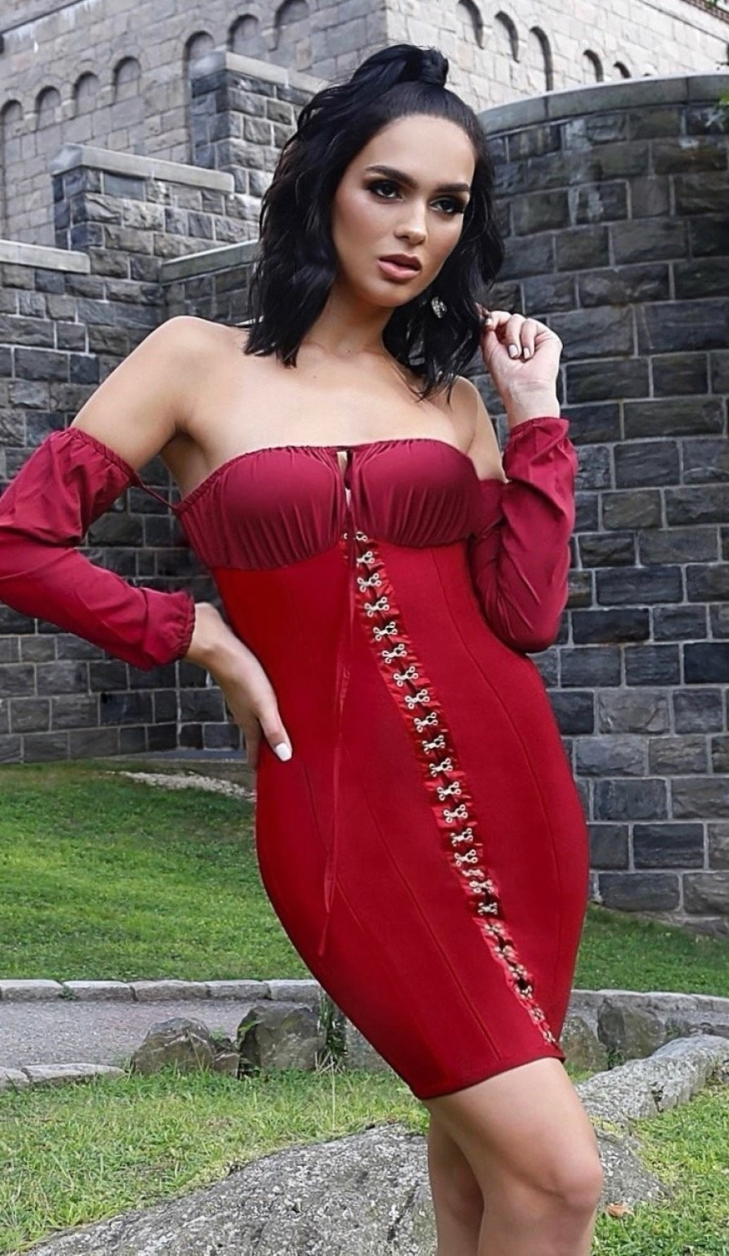 CHRISTINE Off The Shoulder Corset Bandage Dress - Wine