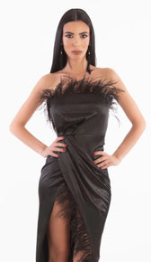 'TABITHA' Satin Feather Trim Maxi Dress - GLAMBAE FASHION