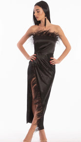 'TABITHA' Satin Feather Trim Maxi Dress - GLAMBAE FASHION