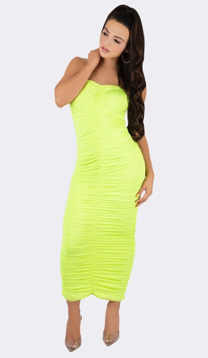 'DAPHNE' Ruched Strapless Maxi Dress - Neon Yellow - GLAMBAE FASHION