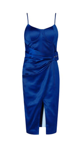 'ALYSSA' Satin Buckle Dress - Navy - GLAMBAE FASHION