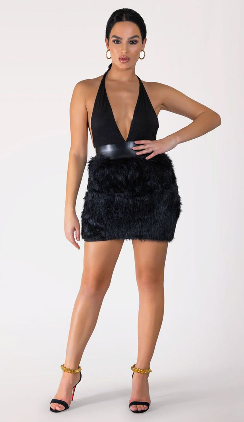 NILU Fur Mini Dress - Black