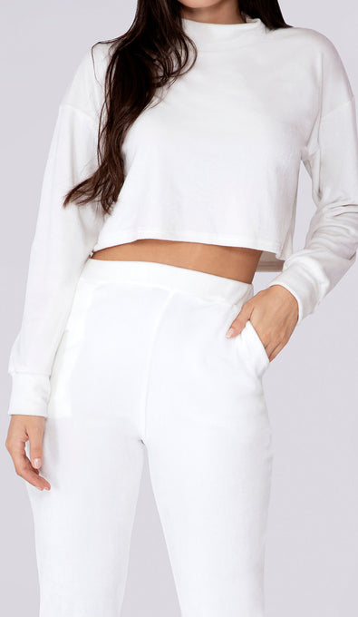 REMI Velour High Neck Long Sleeve Crop Top - White