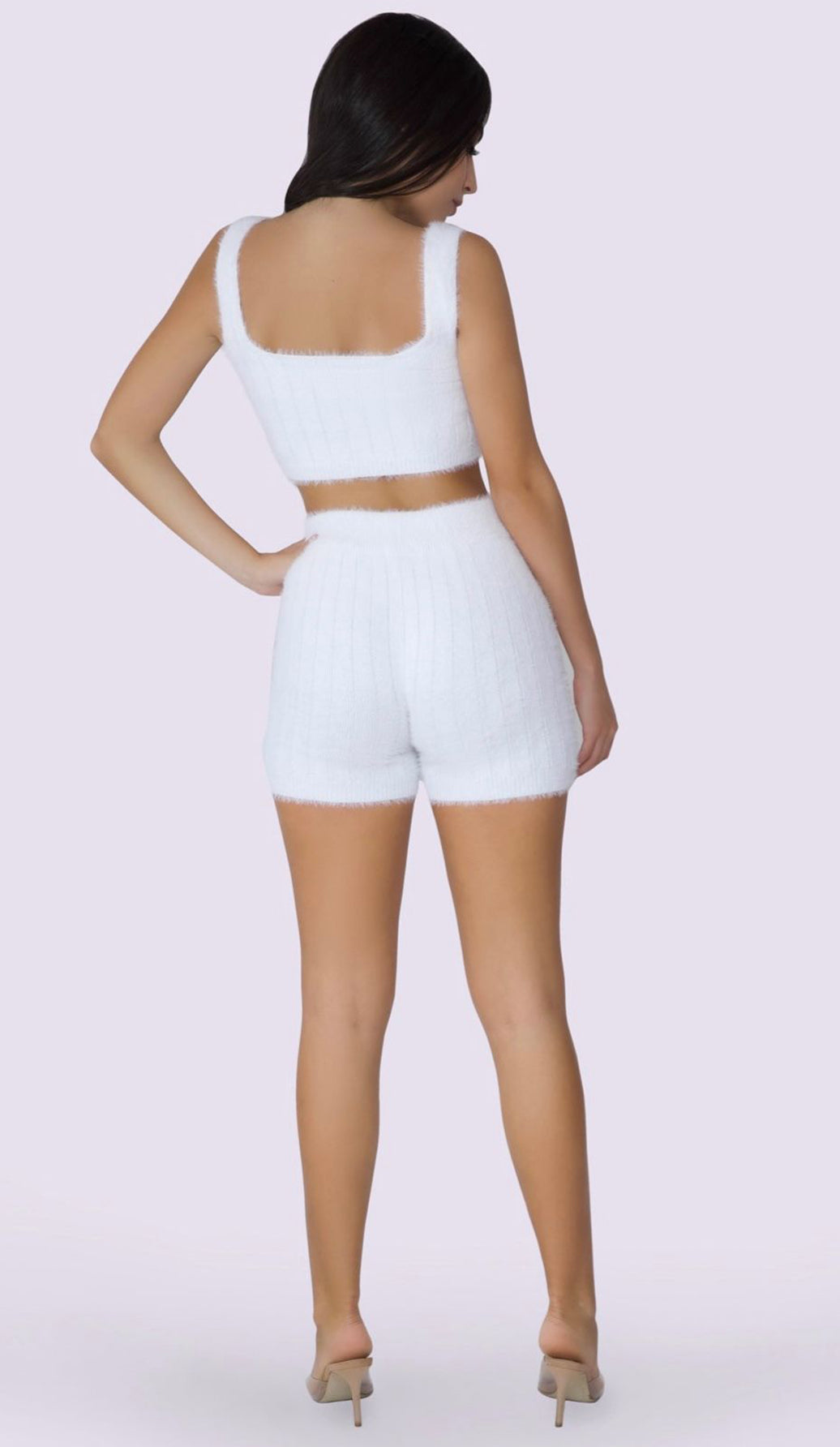 White Mesh Biker Shorts & One Shoulder Lace-Up Crop Top Set - White / S