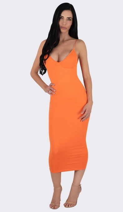 'STELLA'  Double Strapped Midi Dress - Neon Orange - GLAMBAE FASHION